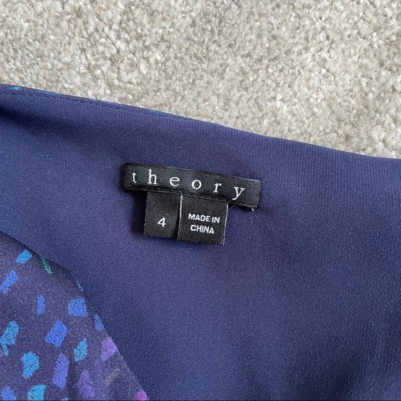 Theory Blue V-Neck Kinley Galba Printed Silk Shift Dress EUC Size 4 C0902609 - Picture 8 of 11